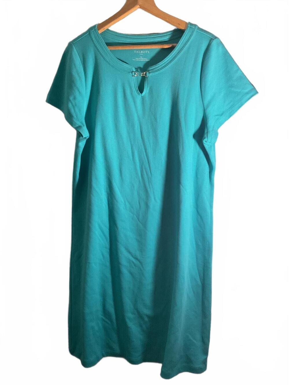 Talbots Aqua Blue Short Sleeve Casual Dress with Decorative Neck Detail  XL